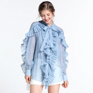 2021 Spring Autumn Hot Popular New Design Pleated Ruffles Long Sleeve Shirt for Women