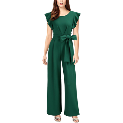 Knitee Women's Vintage Sleeveless Ruffle High Waist Wide Leg Romper Formal Long Jumpsuit with Belt